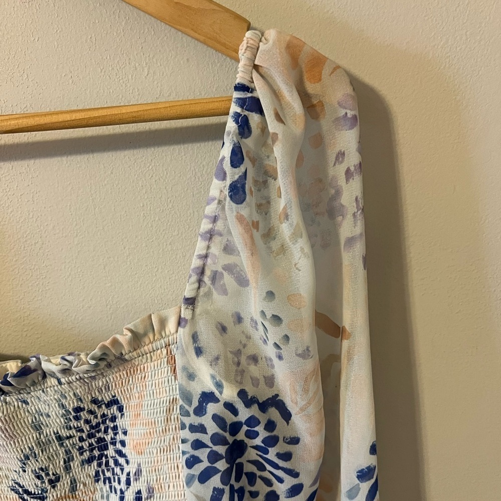 Aritzia Wilfred Tempest Blue Floral Chiffon Mini Dress Long Sheer Sleeve - Picture 6 of 10